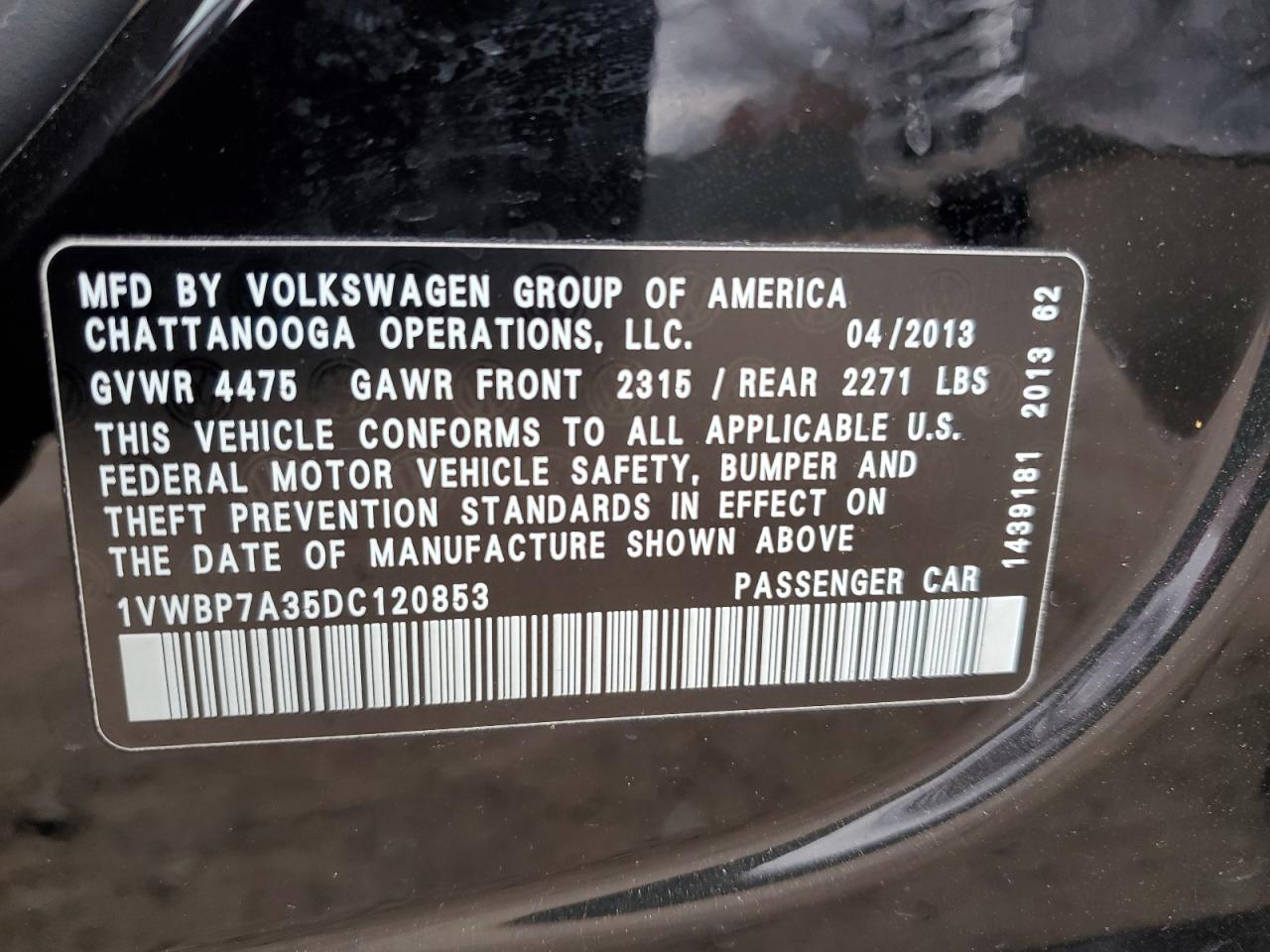 2013 Volkswagen Passat Se VIN: 1VWBP7A35DC120853 Lot: 92687825