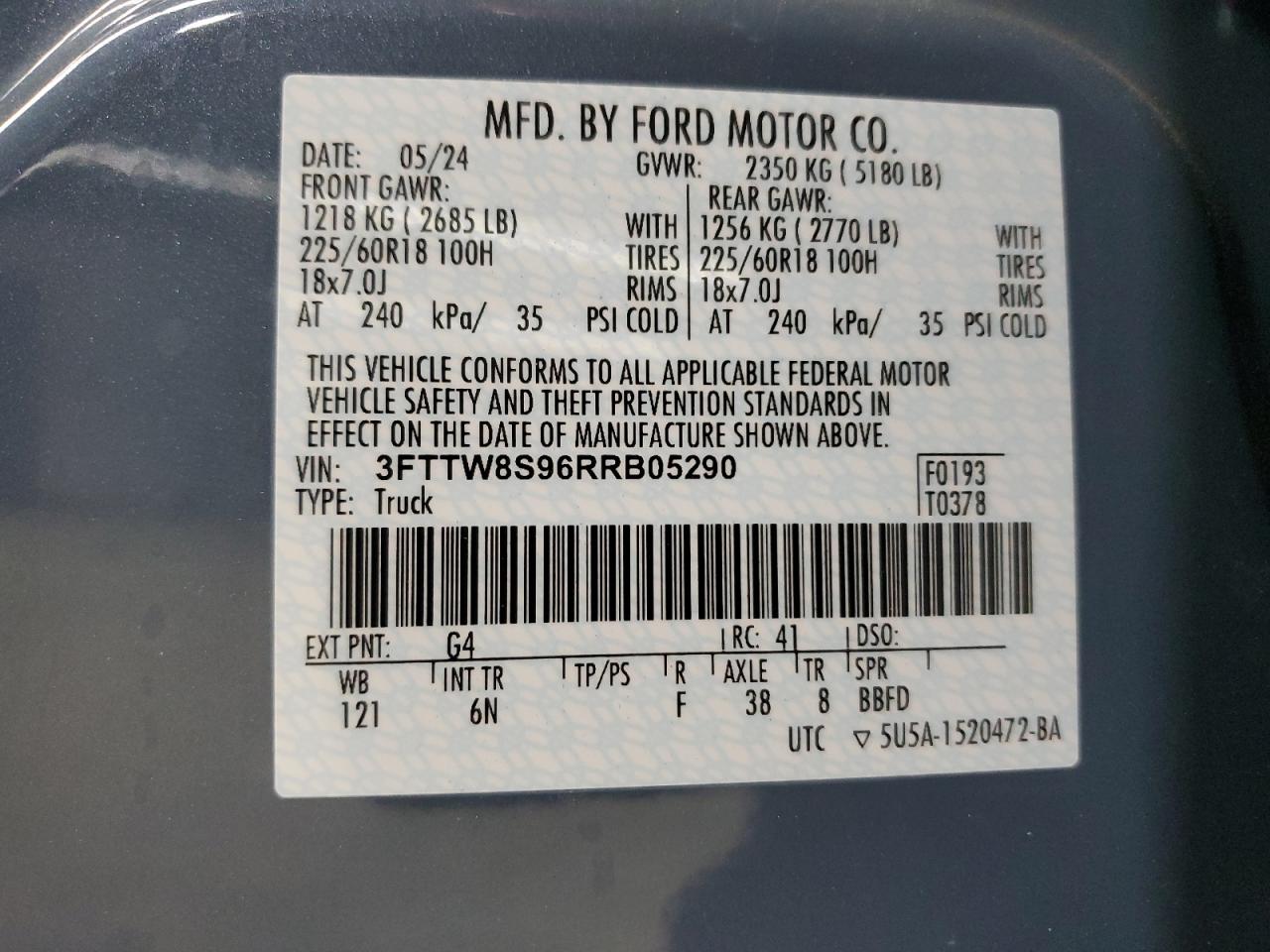 2024 Ford Maverick Lariat VIN: 3FTTW8S96RRB05290 Lot: 92937465