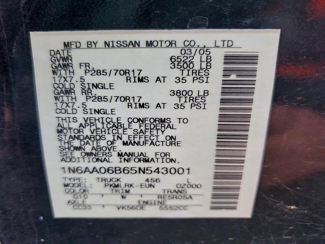 2005 Nissan Titan Xe VIN: 1N6AA06B65N543001 Lot: 94552815