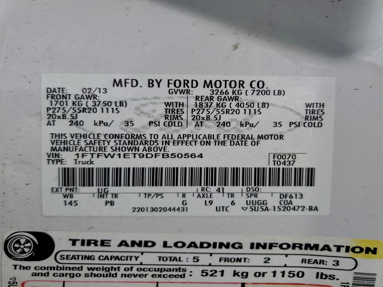 2013 Ford F150 Supercrew VIN: 1FTFW1ET9DFB50564 Lot: 94297855