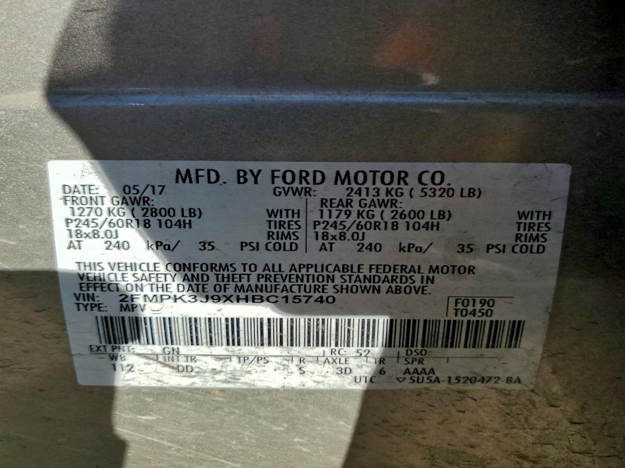 2017 Ford Edge Sel VIN: 2FMPK3J9XHBC15740 Lot: 93753895