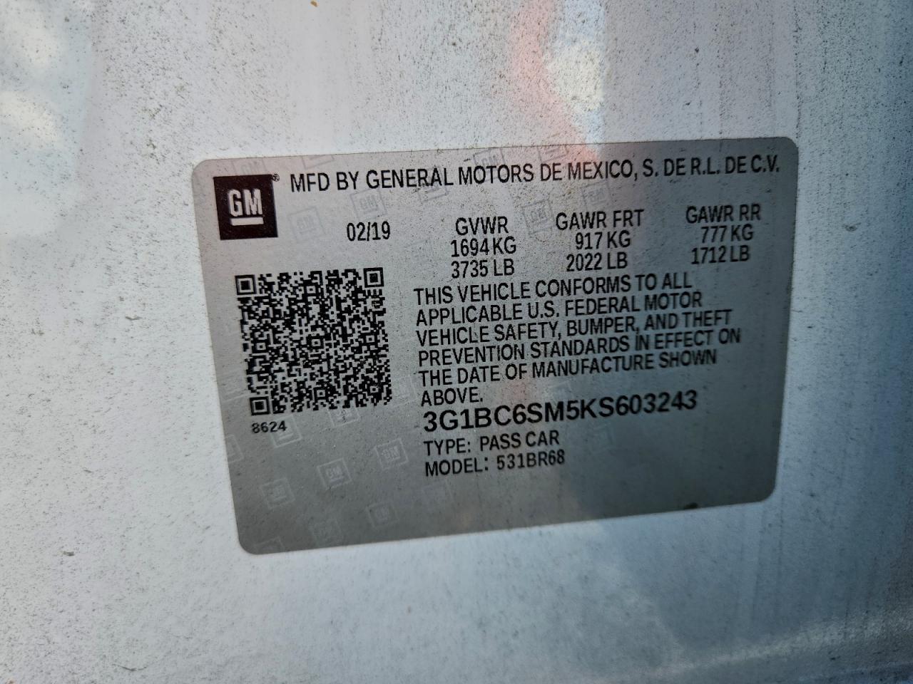 2019 Chevrolet Cruze Ls VIN: 3G1BC6SM5KS603243 Lot: 93521665