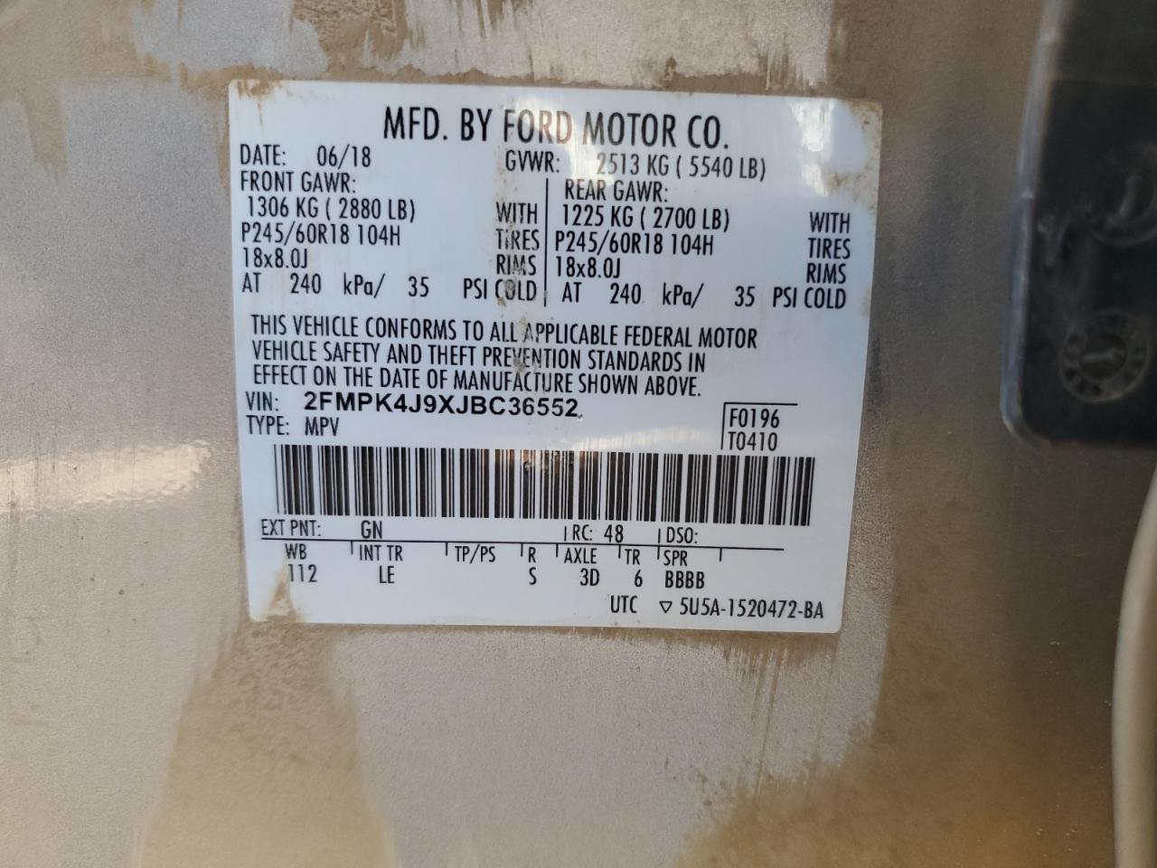 2018 Ford Edge Sel VIN: 2FMPK4J9XJBC36552 Lot: 91708465