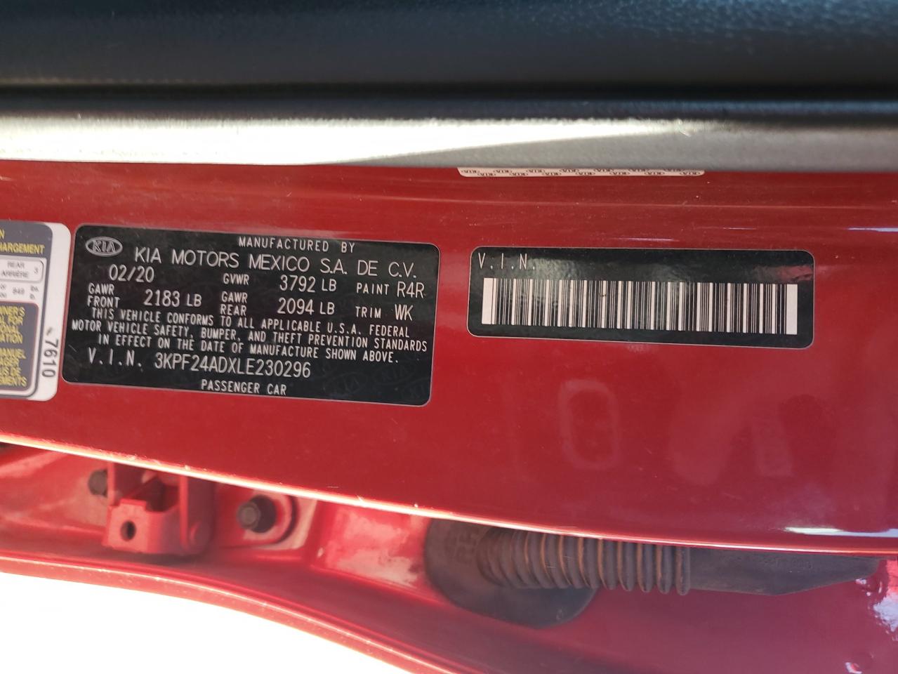 2020 Kia Forte Fe VIN: 3KPF24ADXLE230296 Lot: 92937655