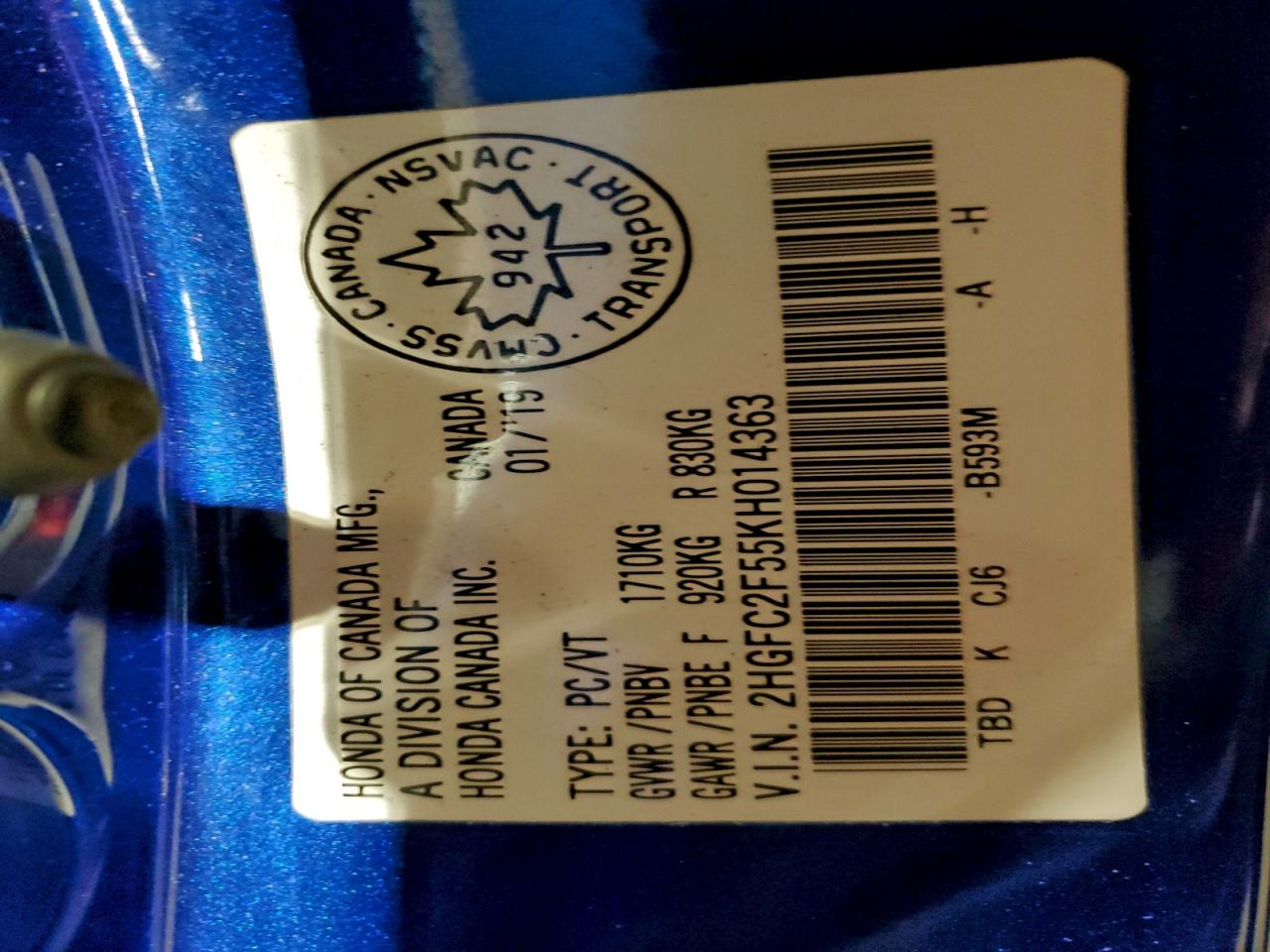 2019 Honda Civic Lx VIN: 2HGFC2F55KH014363 Lot: 95056395