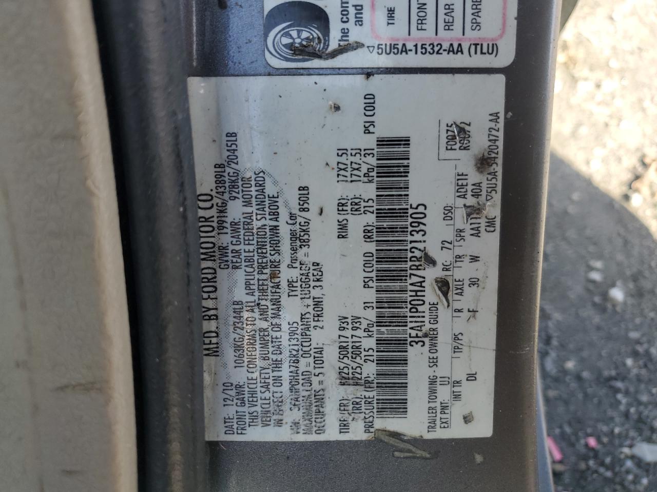 2011 Ford Fusion Se VIN: 3FAHP0HA7BR213905 Lot: 92120105