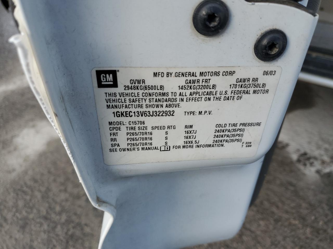 2003 GMC Yukon VIN: 1GKEC13V63J322932 Lot: 93276605