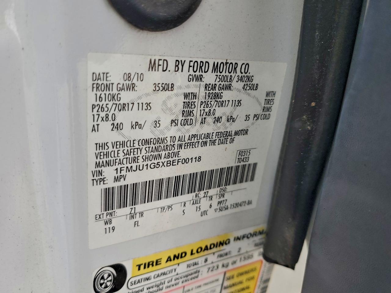 2011 Ford Expedition Xl VIN: 1FMJU1G5XBEF00118 Lot: 93971565