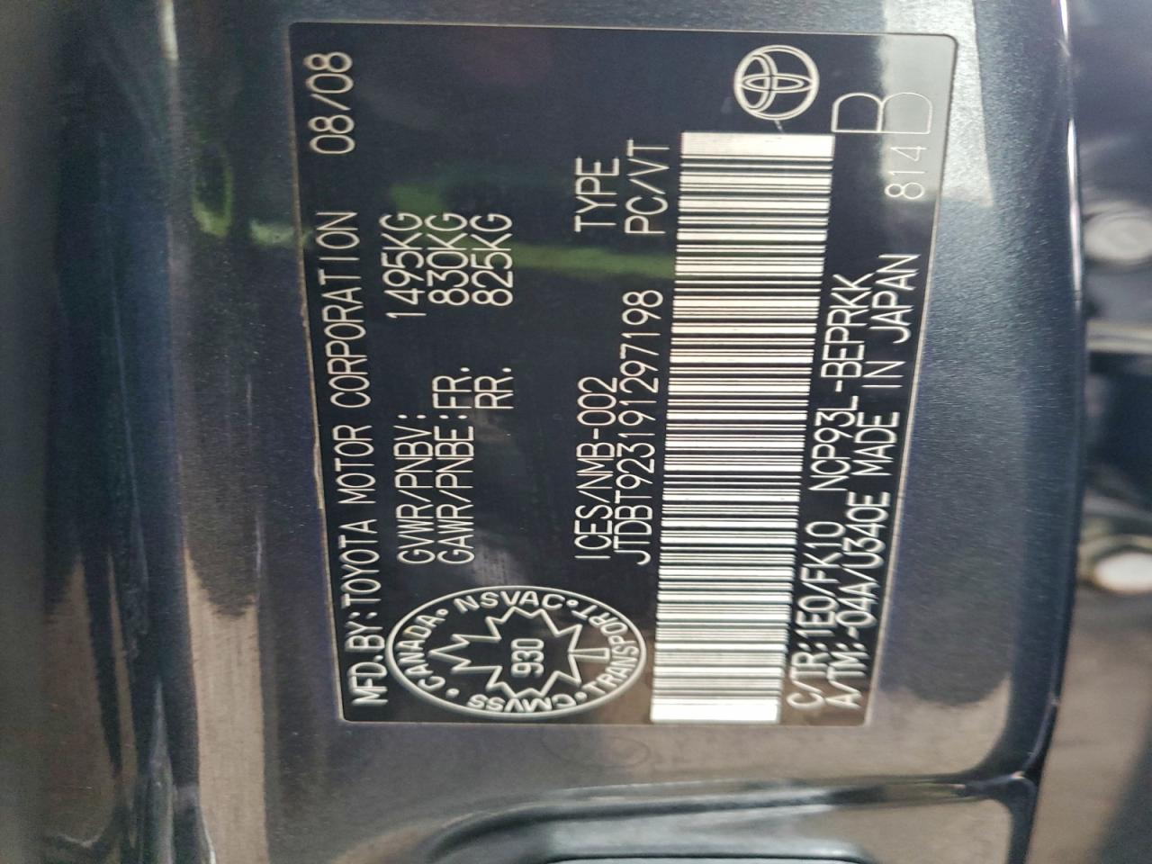 2009 Toyota Yaris VIN: JTDBT923191297198 Lot: 93723035