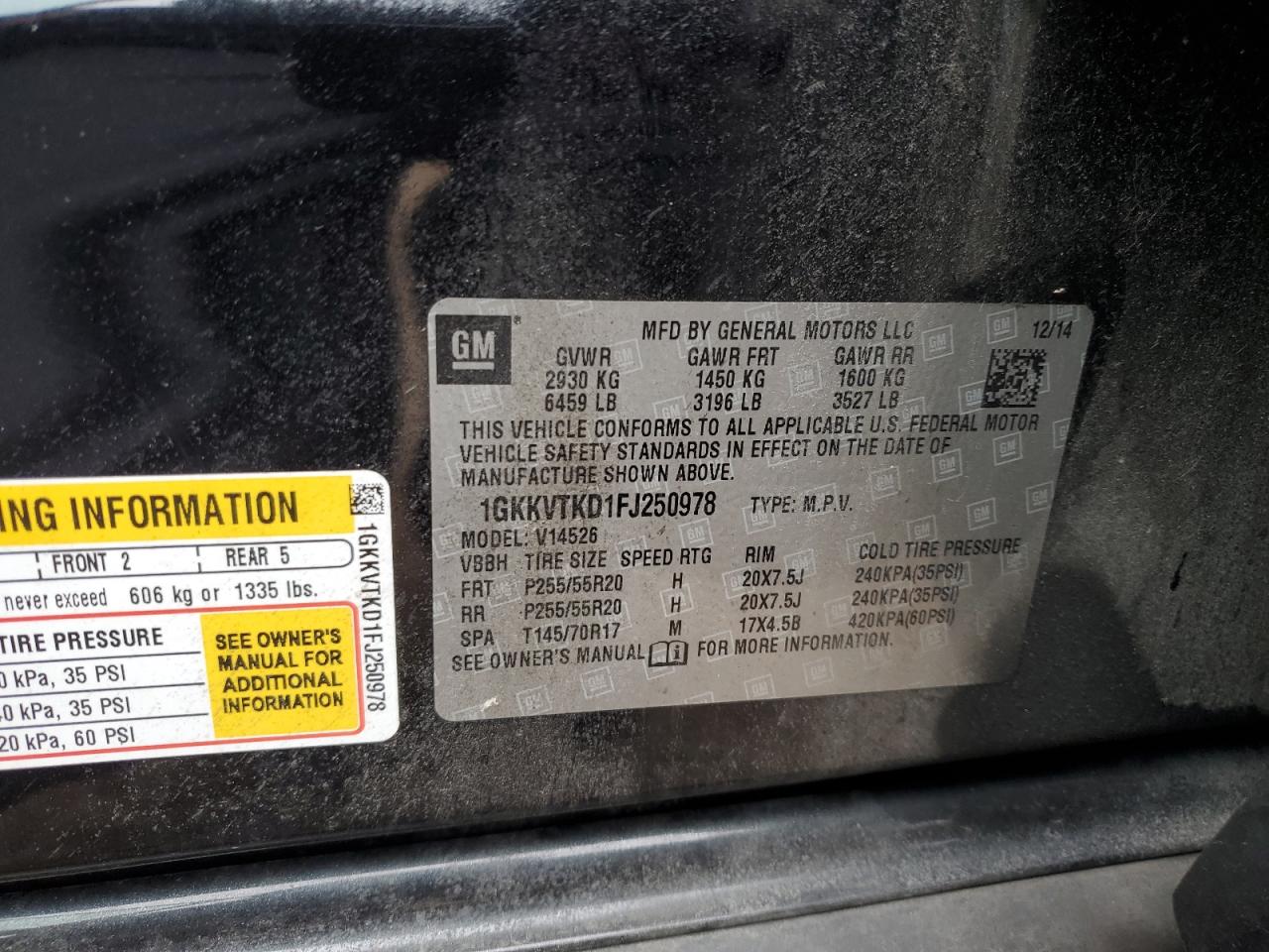 2015 GMC Acadia Denali VIN: 1GKKVTKD1FJ250978 Lot: 93626315