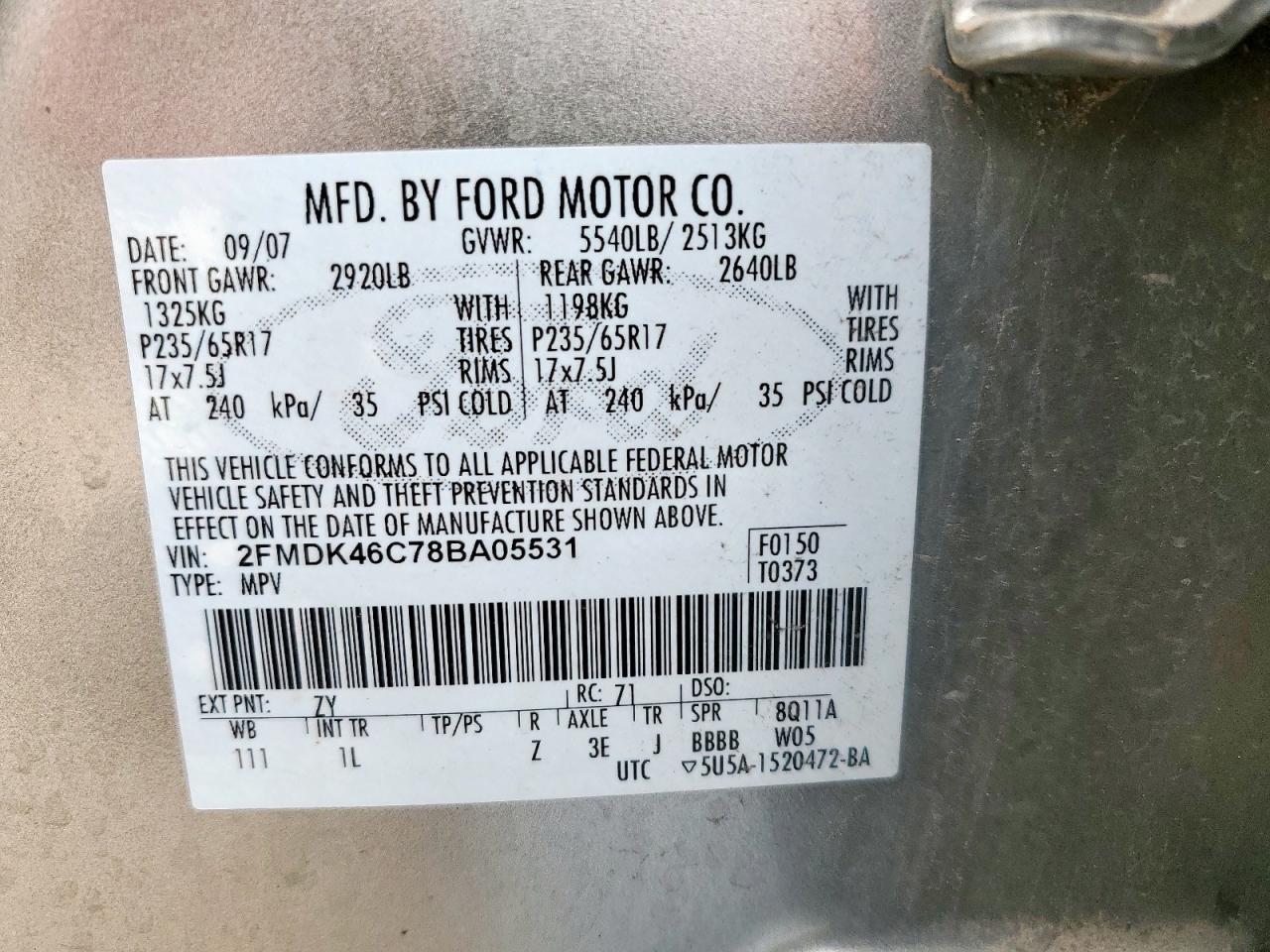 2008 Ford Edge Se VIN: 2FMDK46C78BA05531 Lot: 93673535