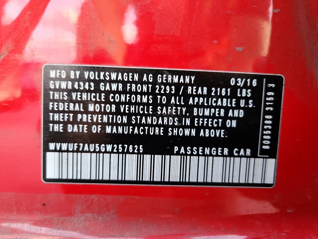 2016 Volkswagen Golf R VIN: WVWUF7AU5GW257625 Lot: 93423425