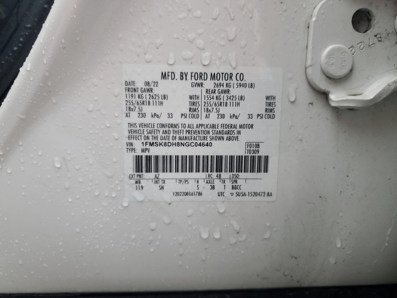 2022 Ford Explorer Xlt VIN: 1FMSK8DH8NGC04640 Lot: 93108865