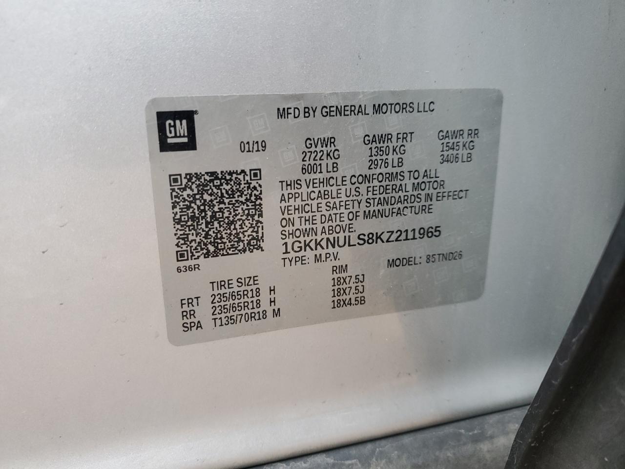 2019 GMC Acadia Slt-1 VIN: 1GKKNULS8KZ211965 Lot: 92681495