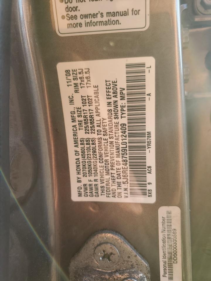 2009 Honda Cr-V Exl VIN: 5J6RE48759L012409 Lot: 92914705