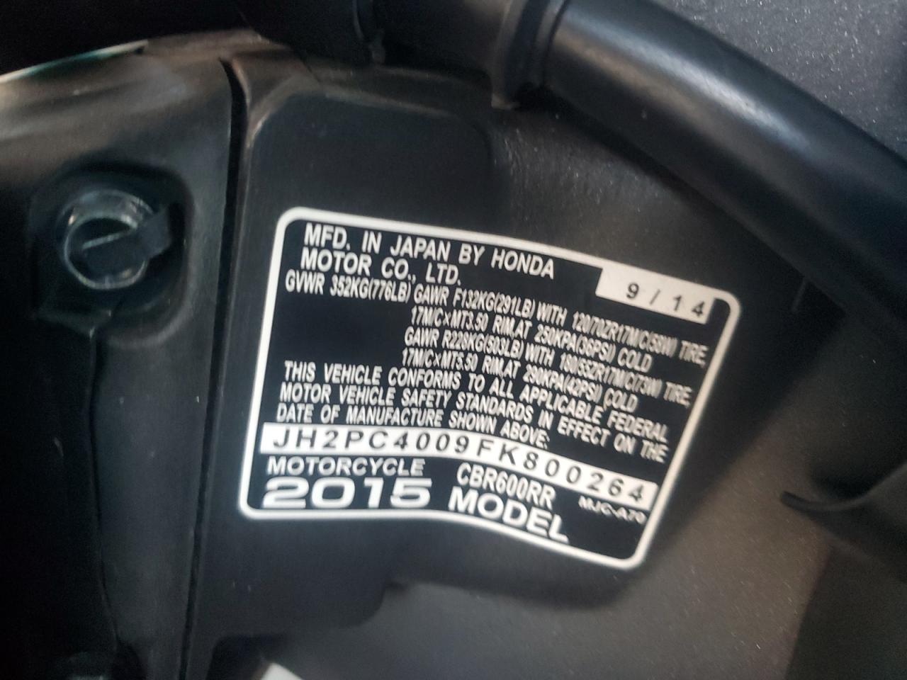 2015 Honda Cbr600 Rr VIN: JH2PC4009FK800264 Lot: 93670895
