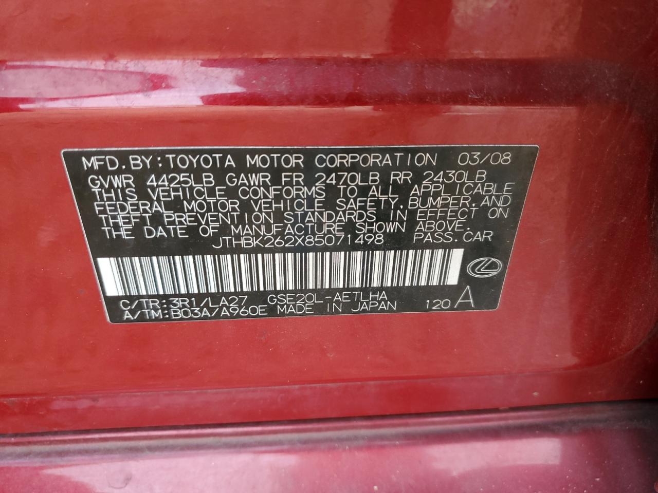 2008 Lexus Is 250 VIN: JTHBK262X85071498 Lot: 92425915