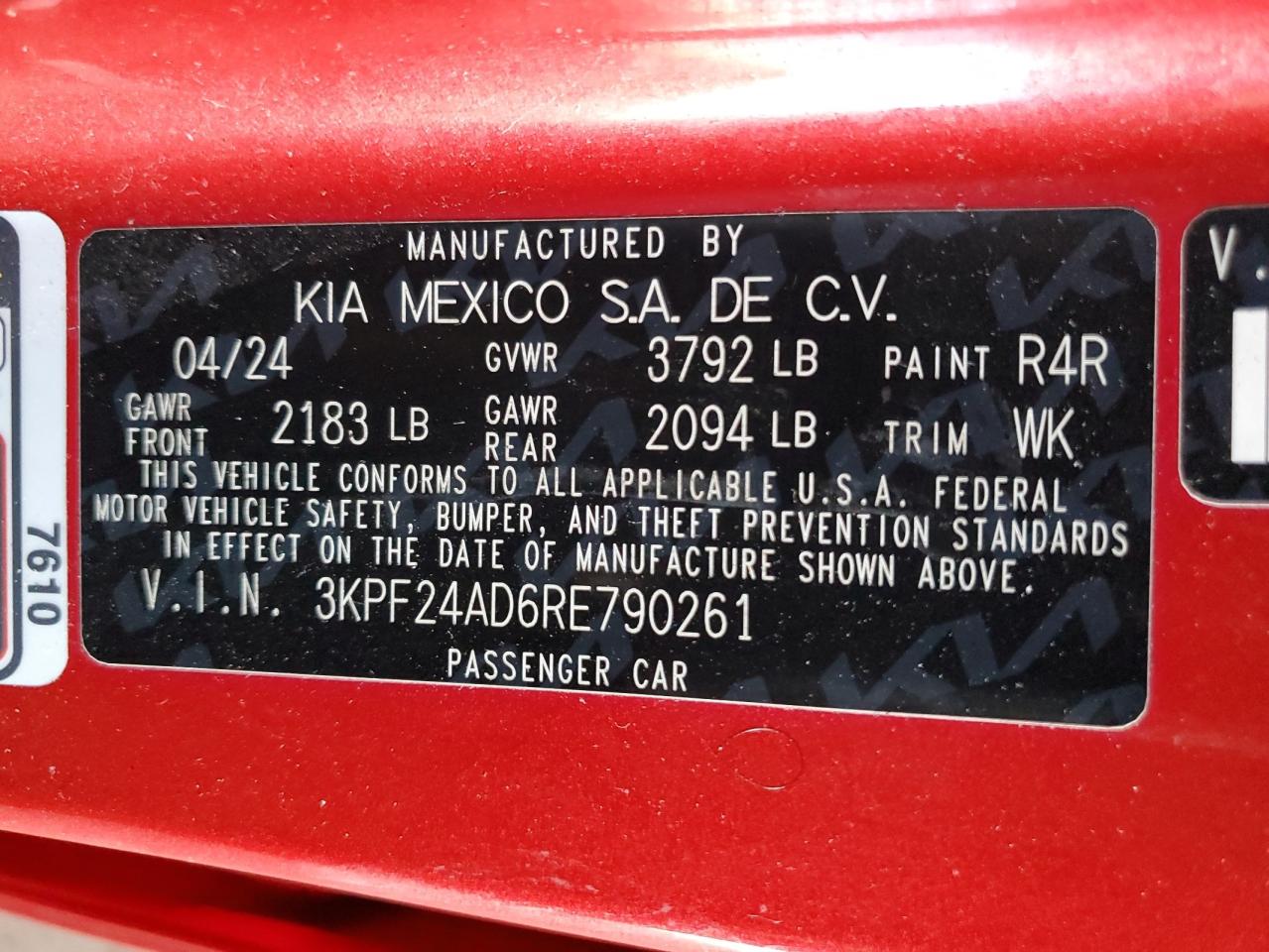 2024 Kia Forte Lx VIN: 3KPF24AD6RE790261 Lot: 91814925