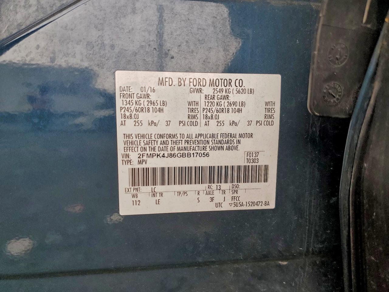 2016 Ford Edge Sel VIN: 2FMPK4J86GBB17056 Lot: 93944485