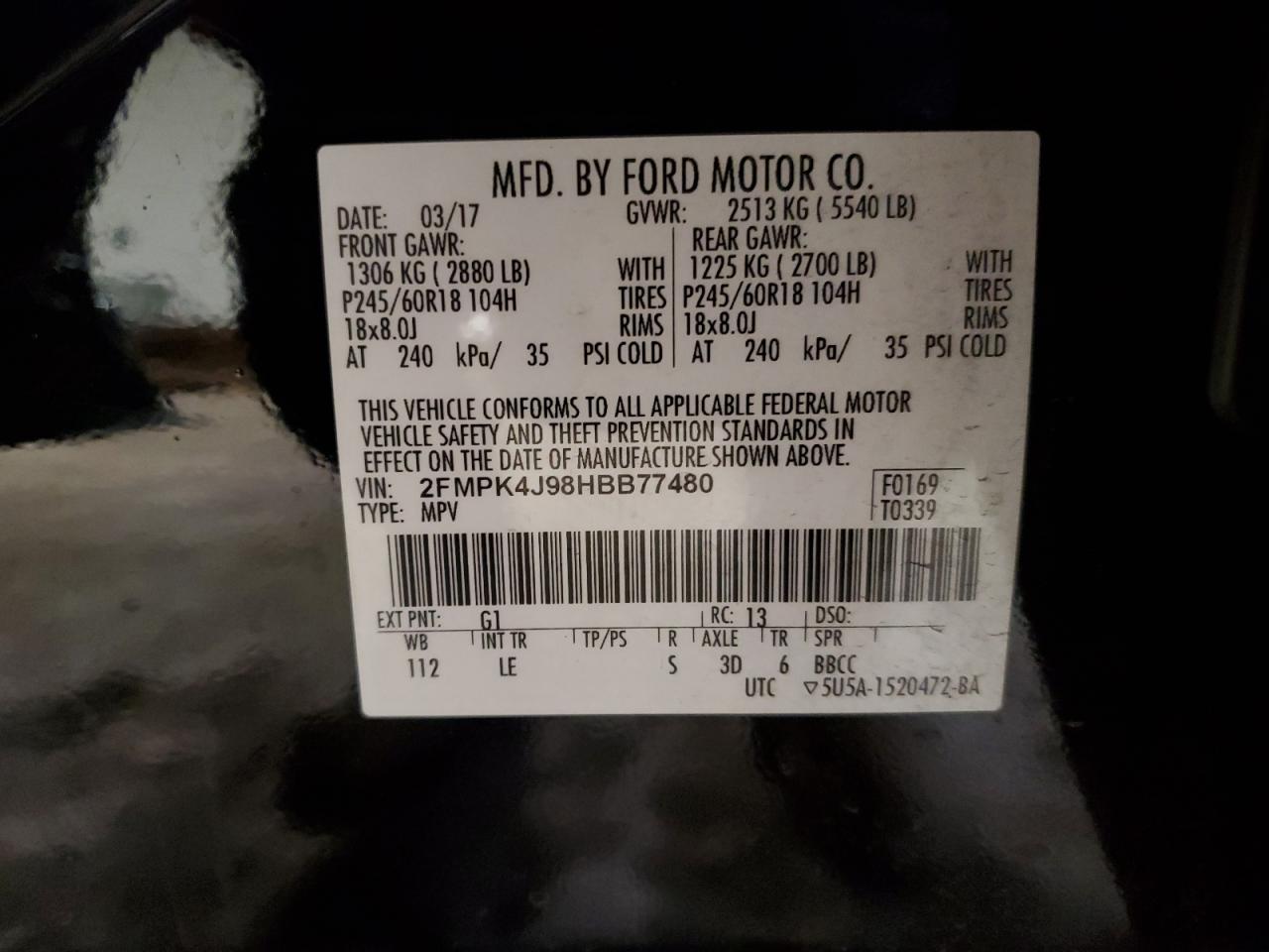 2017 Ford Edge Sel VIN: 2FMPK4J98HBB77480 Lot: 93102515