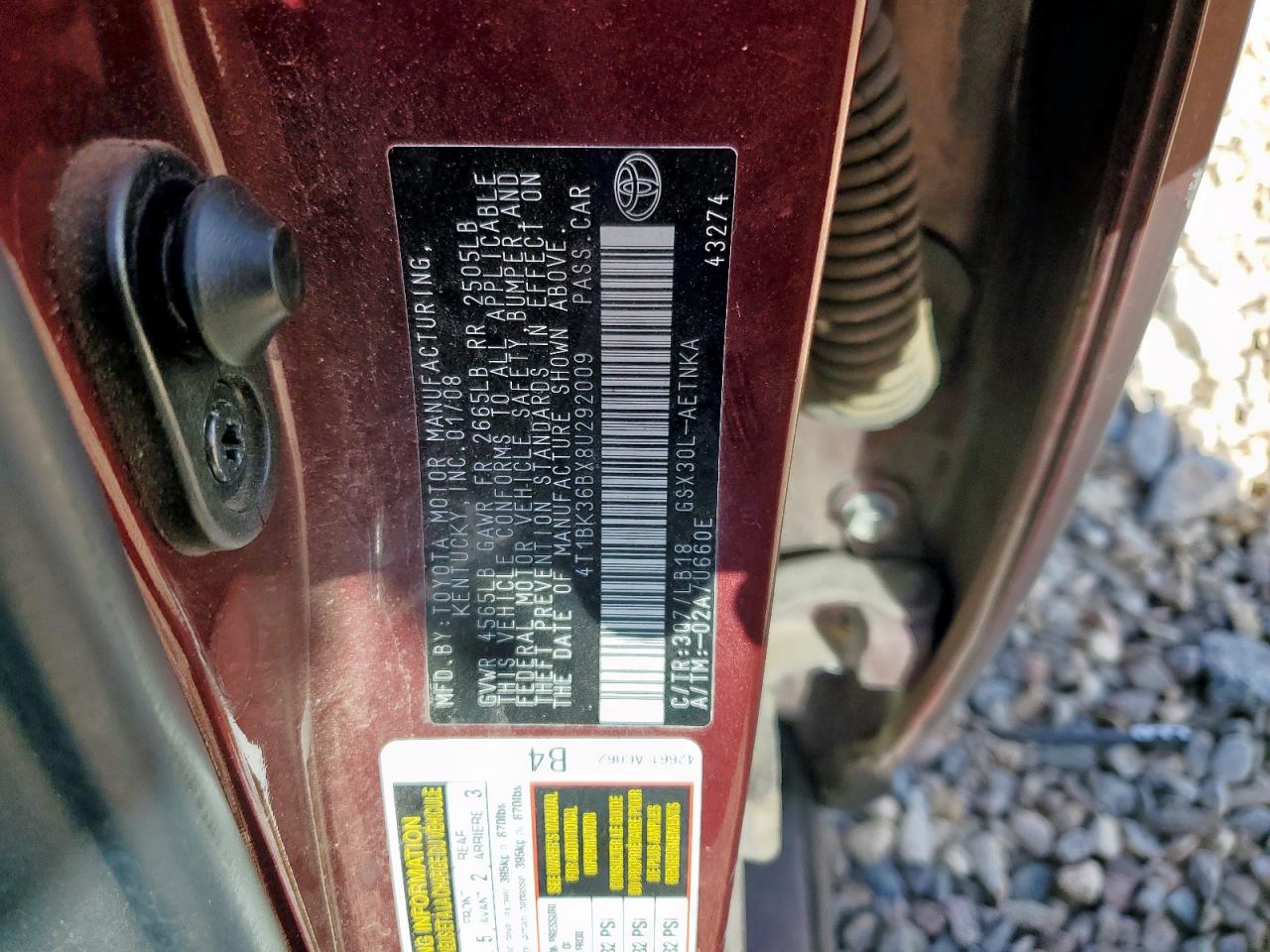 2008 Toyota Avalon Xl VIN: 4T1BK36BX8U292009 Lot: 92339815