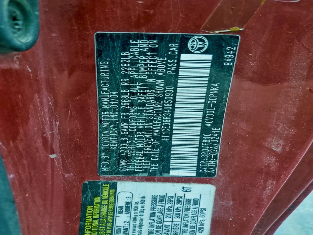 2004 Toyota Camry Solara Se VIN: 4T1CE38P34U850930 Lot: 93832555