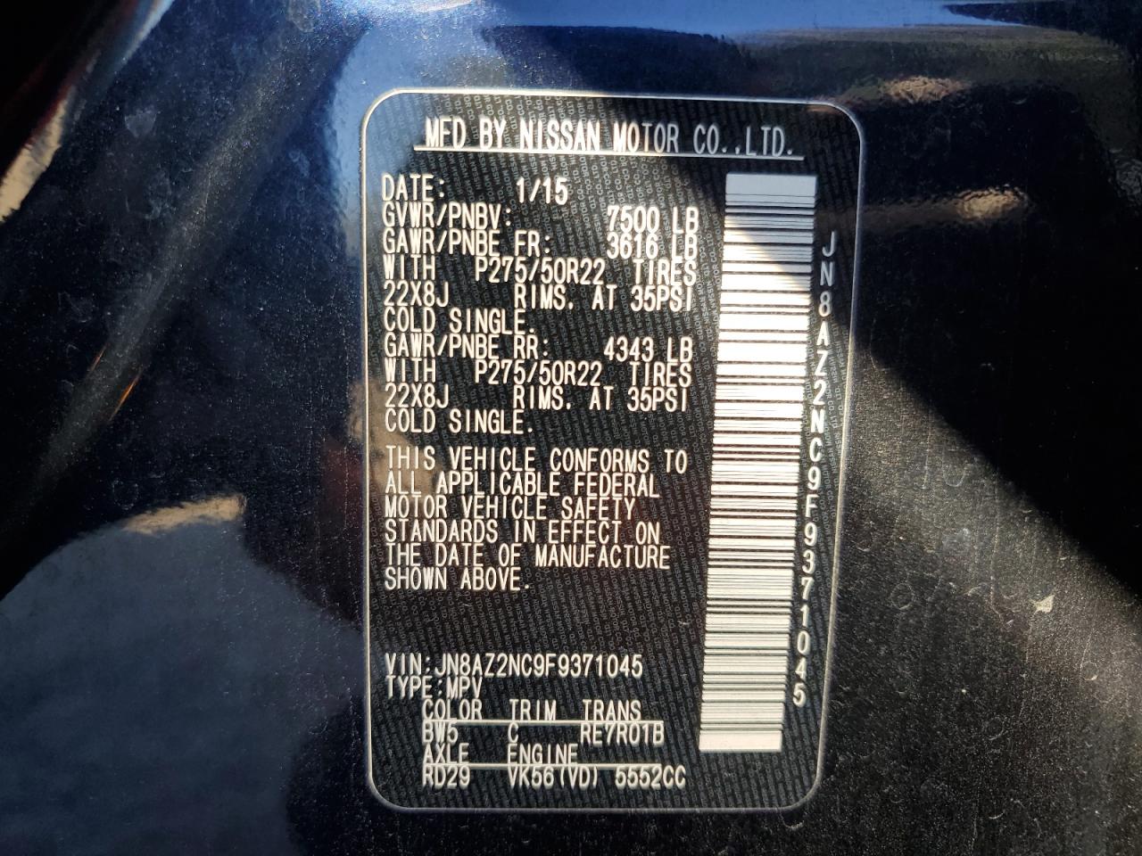 2015 Infiniti Qx80 VIN: JN8AZ2NC9F9371045 Lot: 92989495