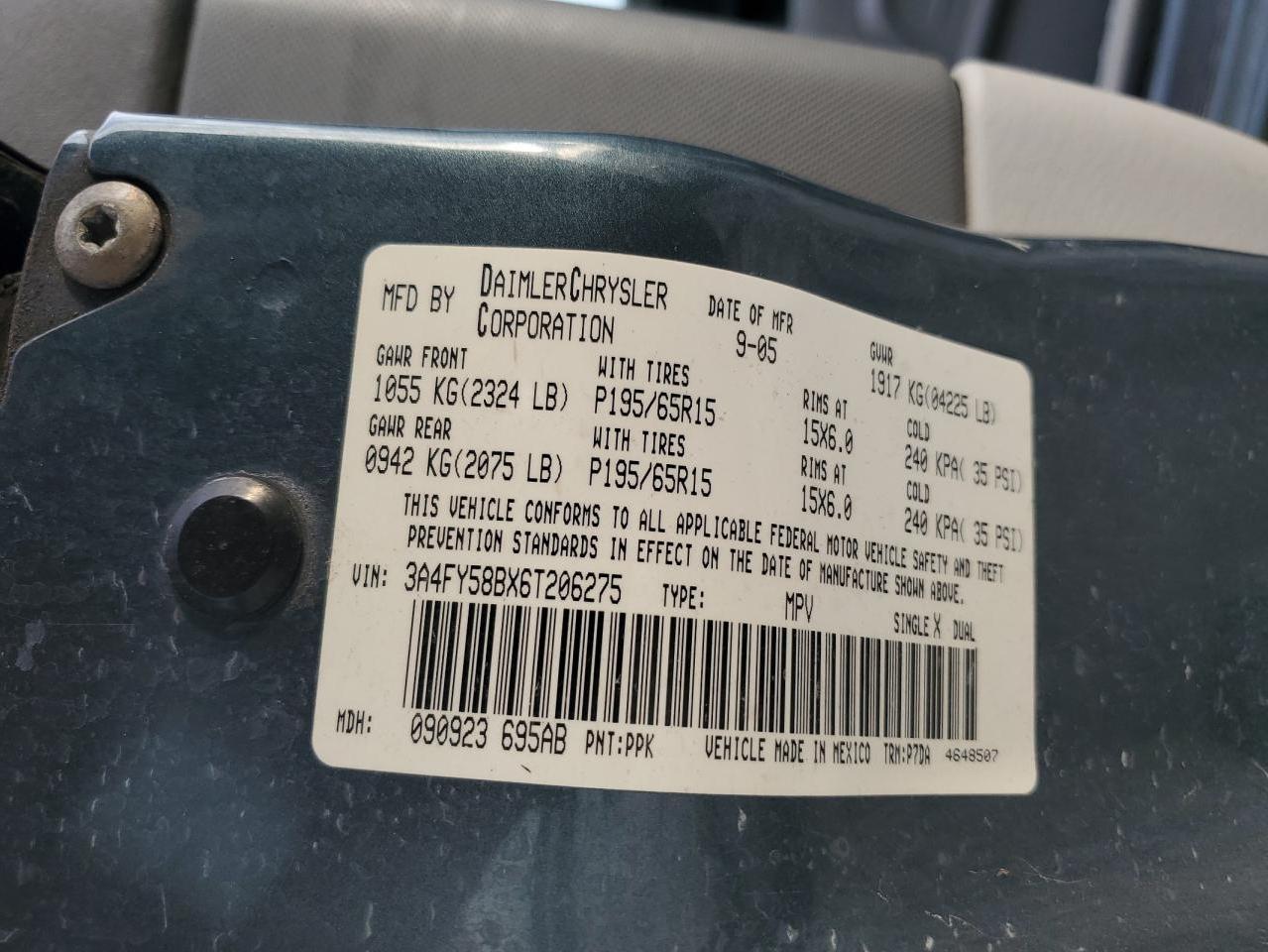 2006 Chrysler Pt Cruiser Touring VIN: 3A4FY58BX6T206275 Lot: 92055235