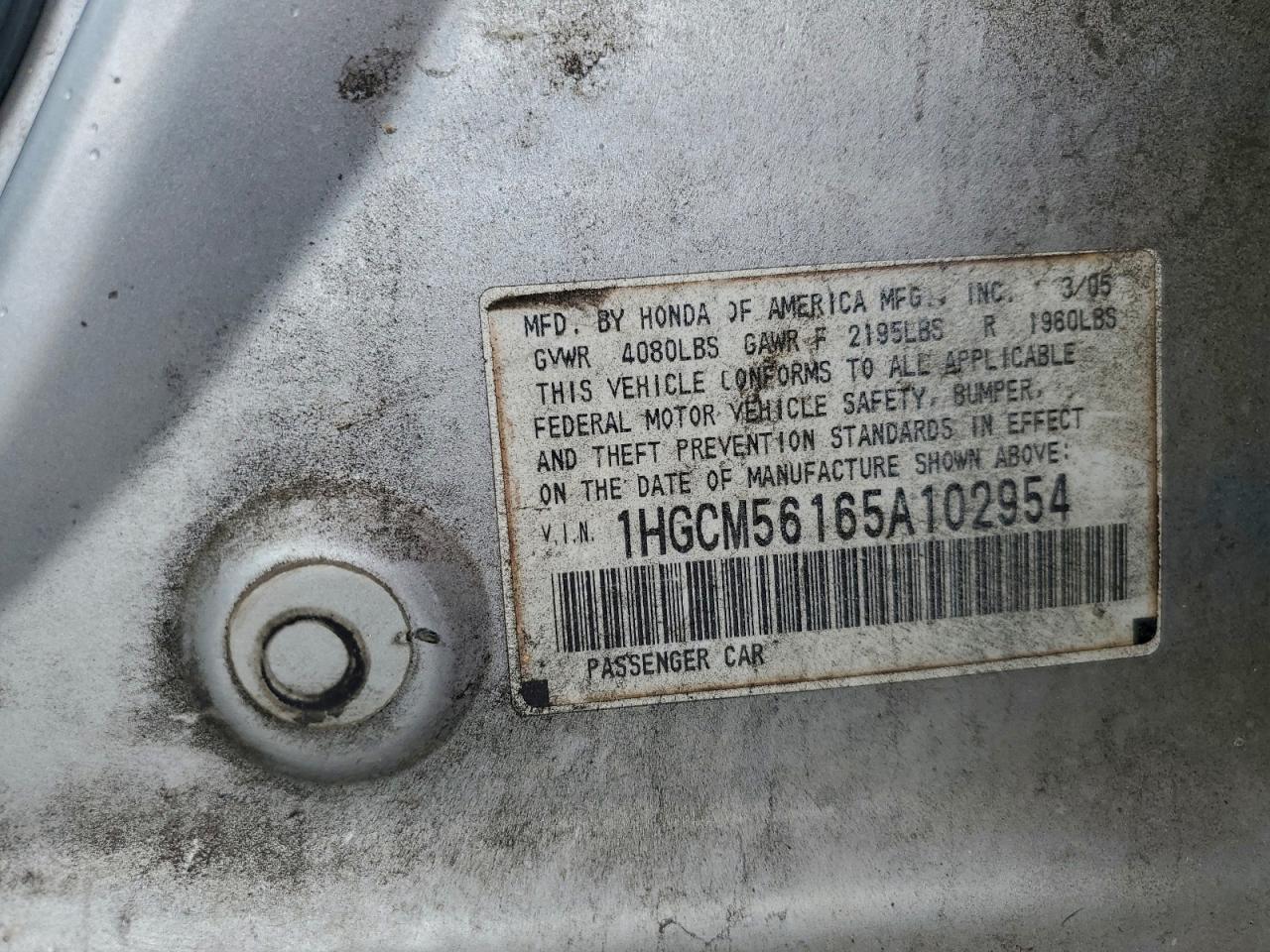 2005 Honda Accord Dx VIN: 1HGCM56165A102954 Lot: 93637705