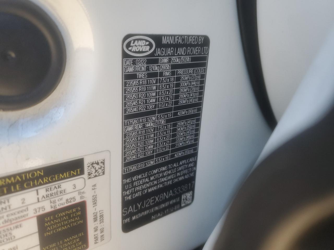 2022 Land Rover Range Rover Velar S VIN: SALYJ2EX8NA333817 Lot: 90652455