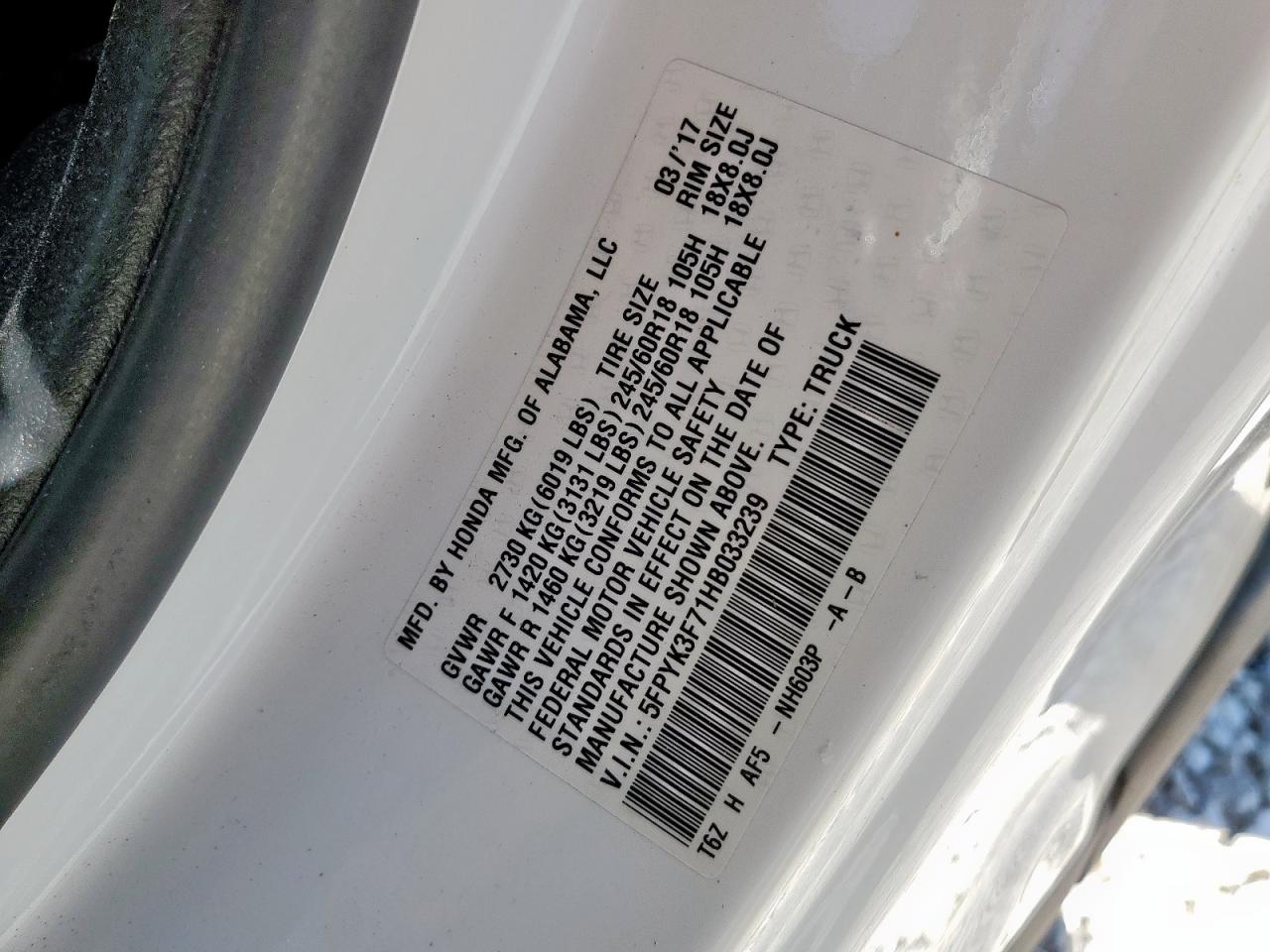 2017 Honda Ridgeline Rtl VIN: 5FPYK3F71HB033239 Lot: 91637725