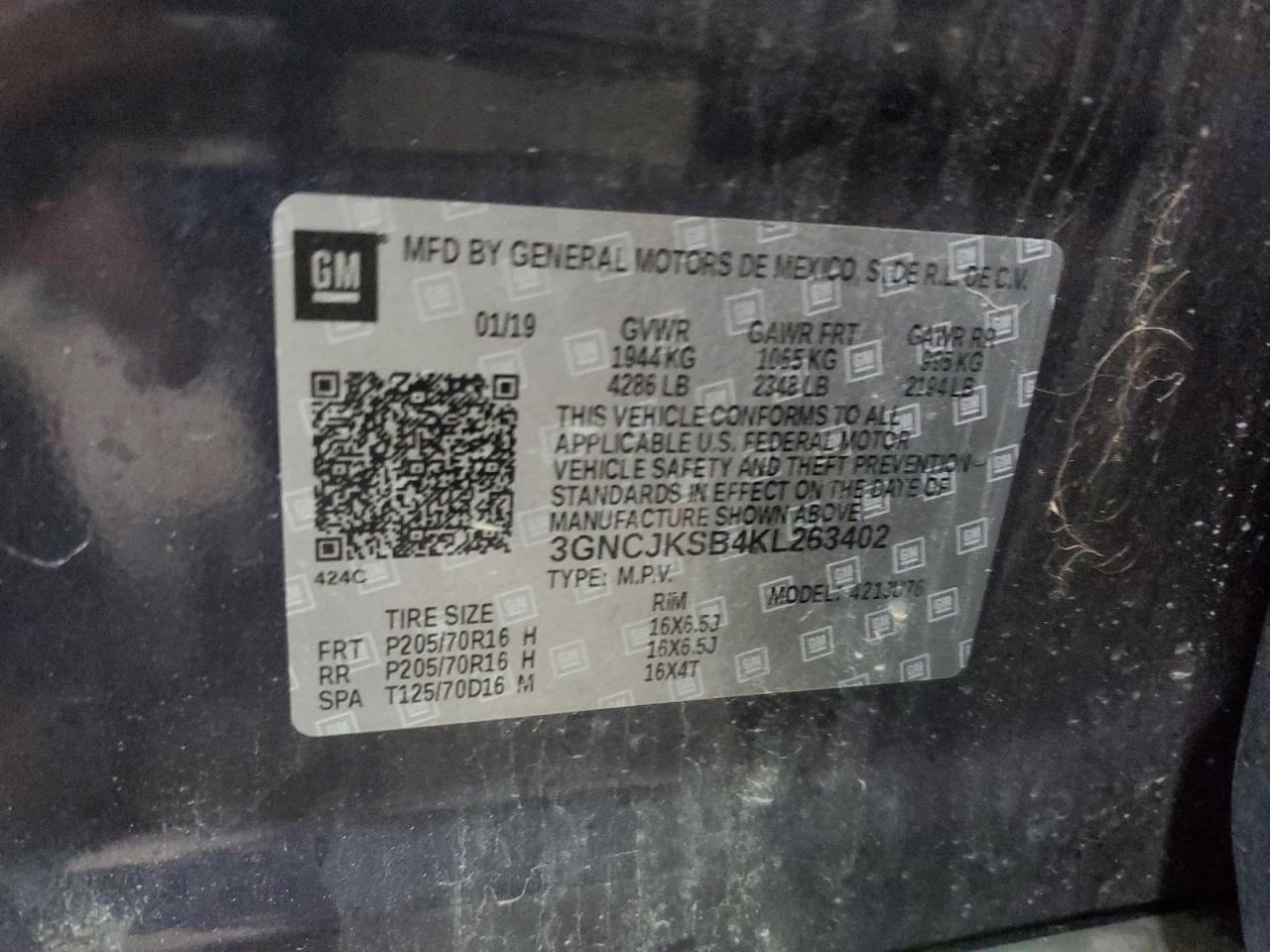 2019 Chevrolet Trax Ls VIN: 3GNCJKSB4KL263402 Lot: 93671005