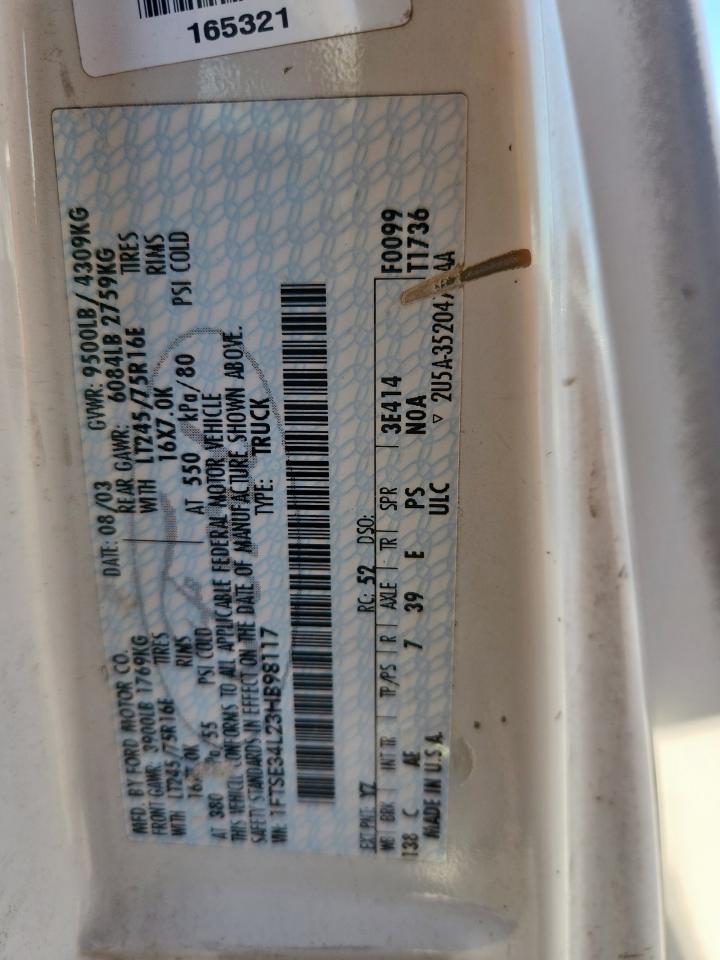 2003 Ford E350 Delivery Van VIN: 1FTSE34L23HB98117 Lot: 91693325