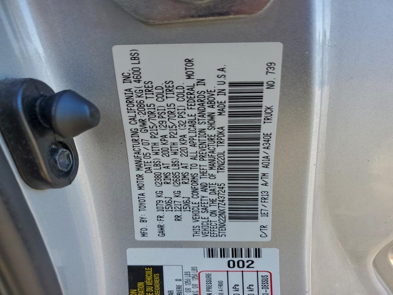 2007 Toyota Tacoma VIN: 5TENX22NX7Z437245 Lot: 94042335