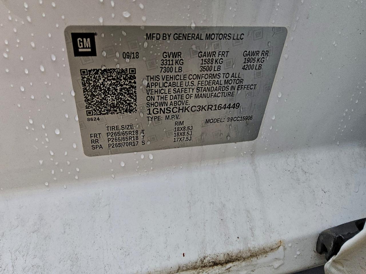 2019 Chevrolet Suburban C1500 Lt VIN: 1GNSCHKC3KR164449 Lot: 93179495