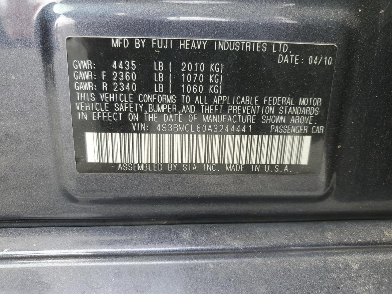 2010 Subaru Legacy 2.5I Limited VIN: 4S3BMCL60A3244441 Lot: 93810215