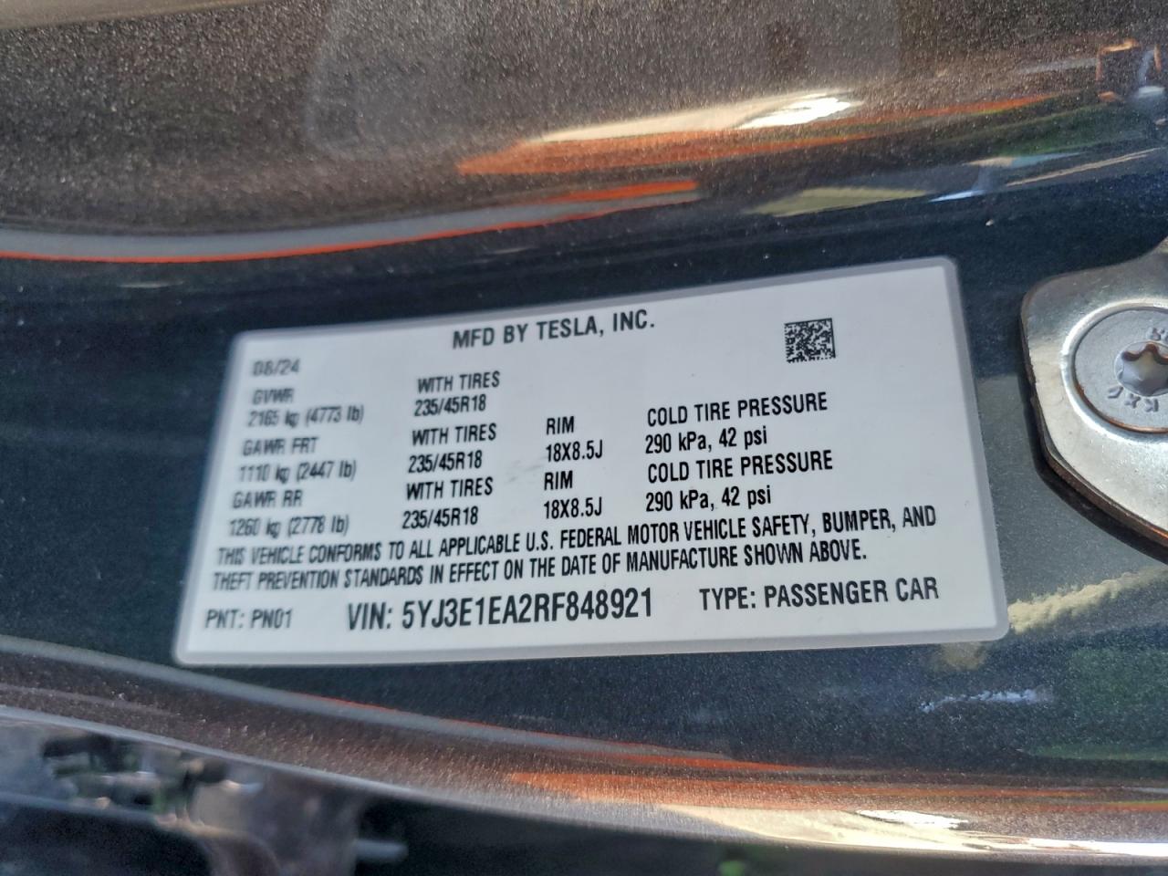 2024 Tesla Model 3 VIN: 5YJ3E1EA2RF848921 Lot: 94381715