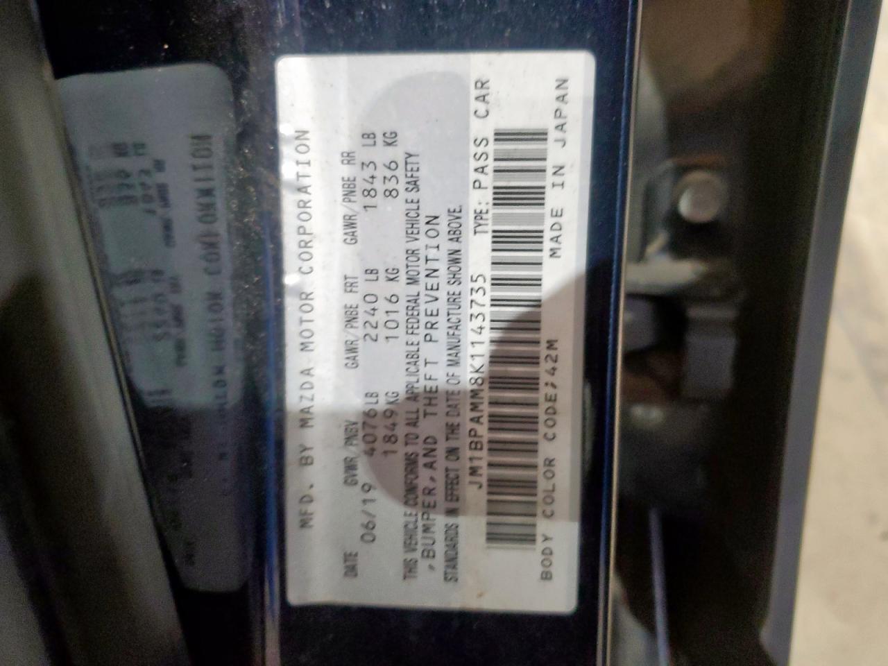 2019 Mazda 3 Preferred VIN: JM1BPAMM8K1143735 Lot: 92679145