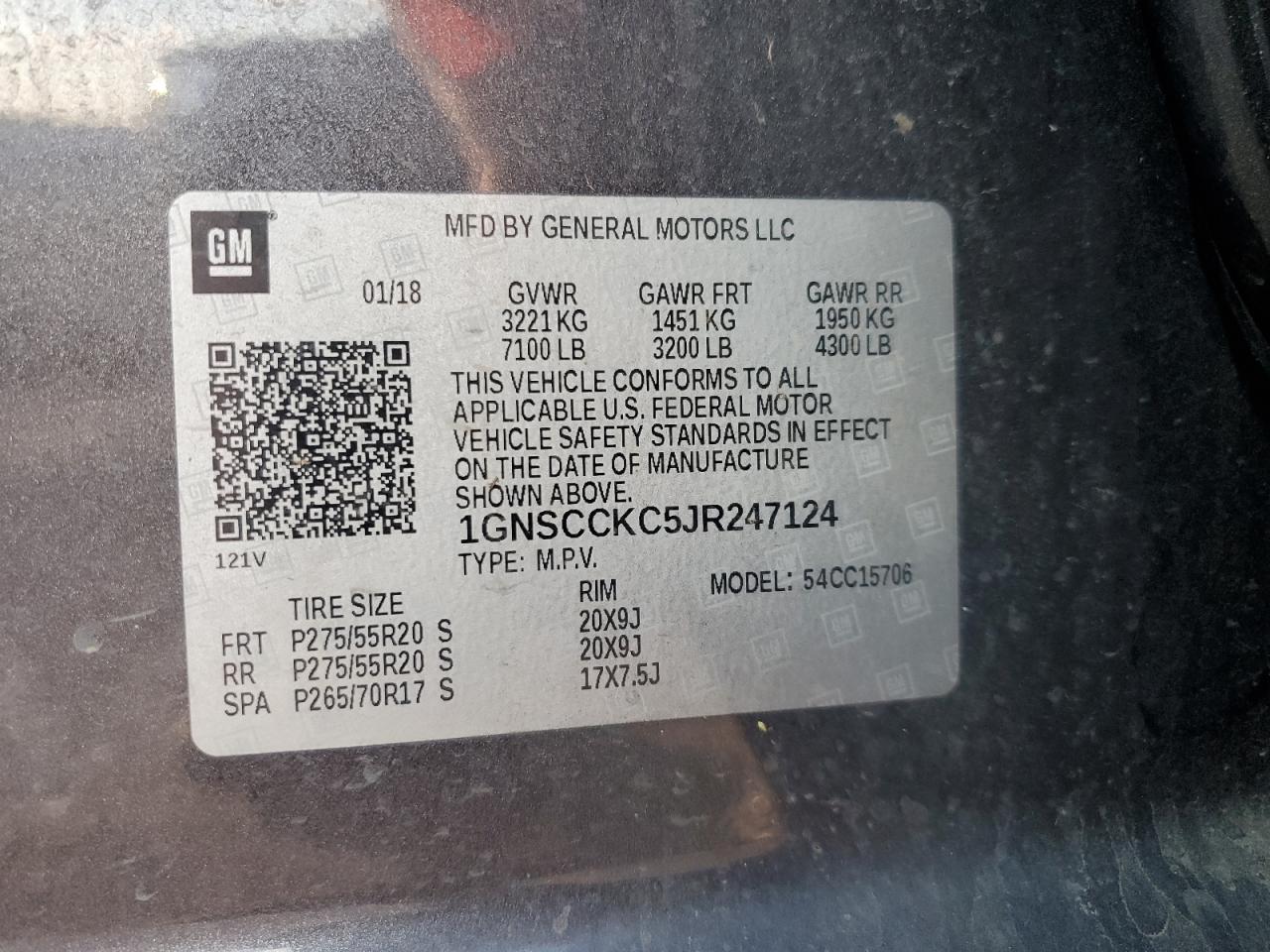 2018 Chevrolet Tahoe C1500 Premier VIN: 1GNSCCKC5JR247124 Lot: 92855205