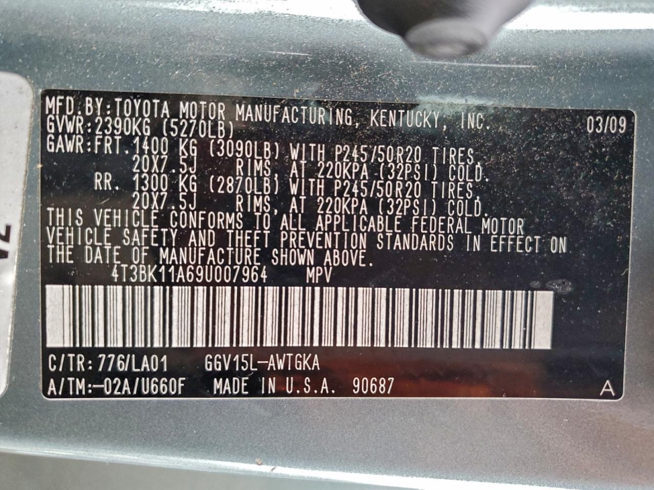 2009 Toyota Venza VIN: 4T3BK11A69U007964 Lot: 93964325