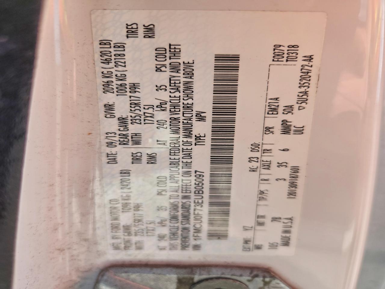 2014 Ford Escape S VIN: 1FMCU0F73EUB05097 Lot: 94057265