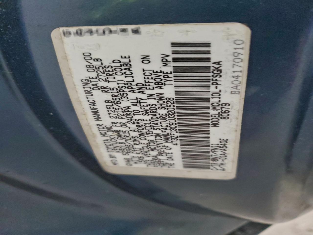 2001 Toyota Sienna Le VIN: 4T3ZF13C91U320528 Lot: 94223435