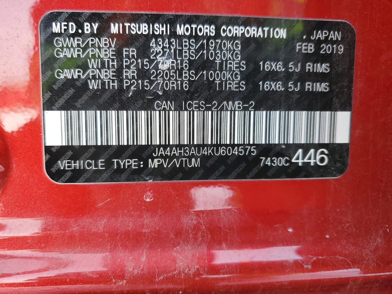 2019 Mitsubishi Rvr Se VIN: JA4AH3AU4KU604575 Lot: 91483455