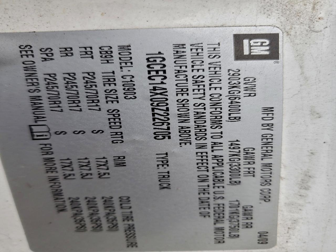 2009 Chevrolet Silverado C1500 VIN: 1GCEC14X09Z226705 Lot: 93779285