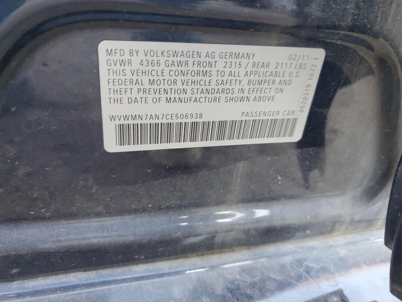 2012 Volkswagen Cc Sport VIN: WVWMN7AN7CE506938 Lot: 92310205