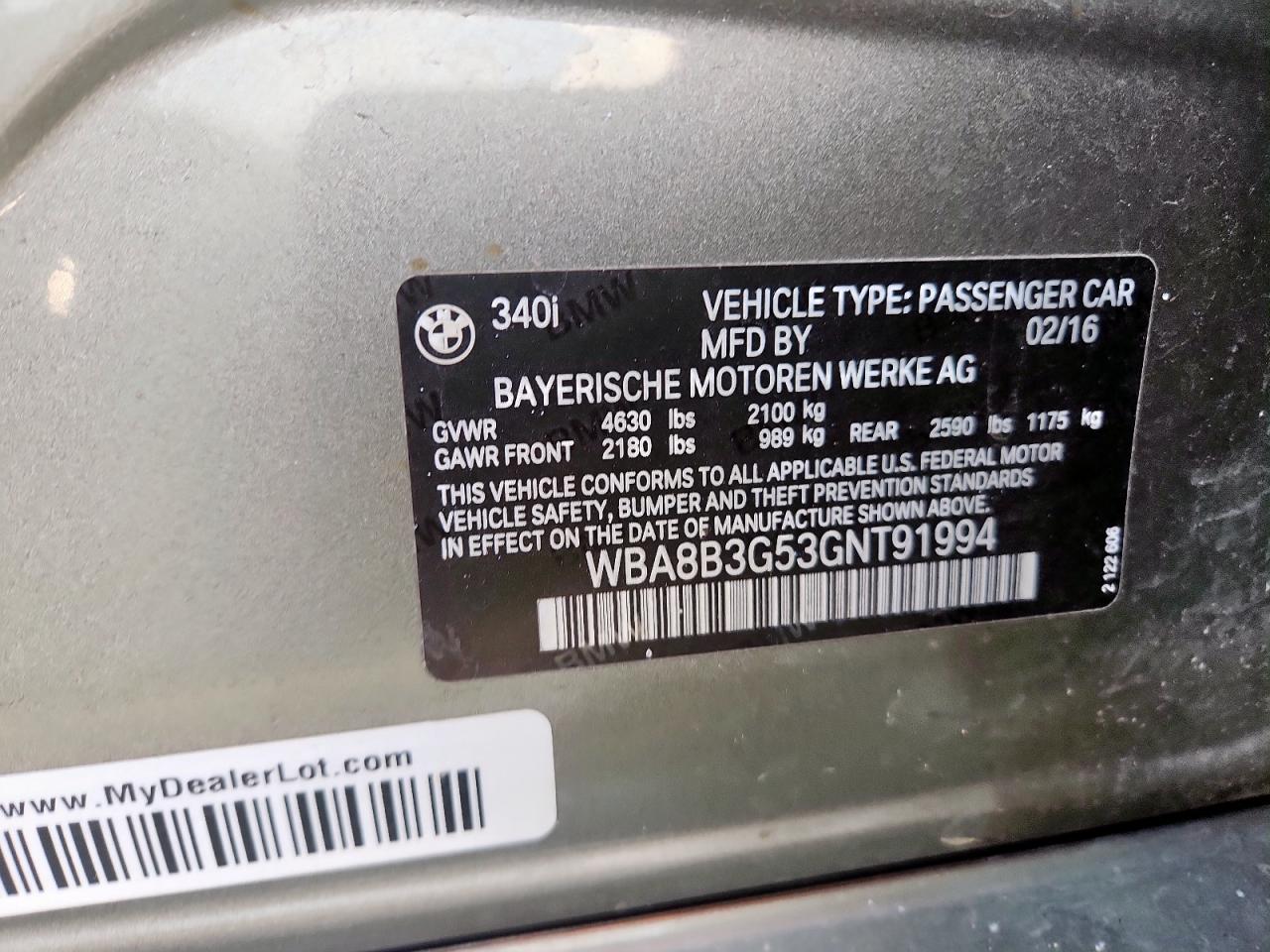 2016 BMW 340 I VIN: WBA8B3G53GNT91994 Lot: 92928085