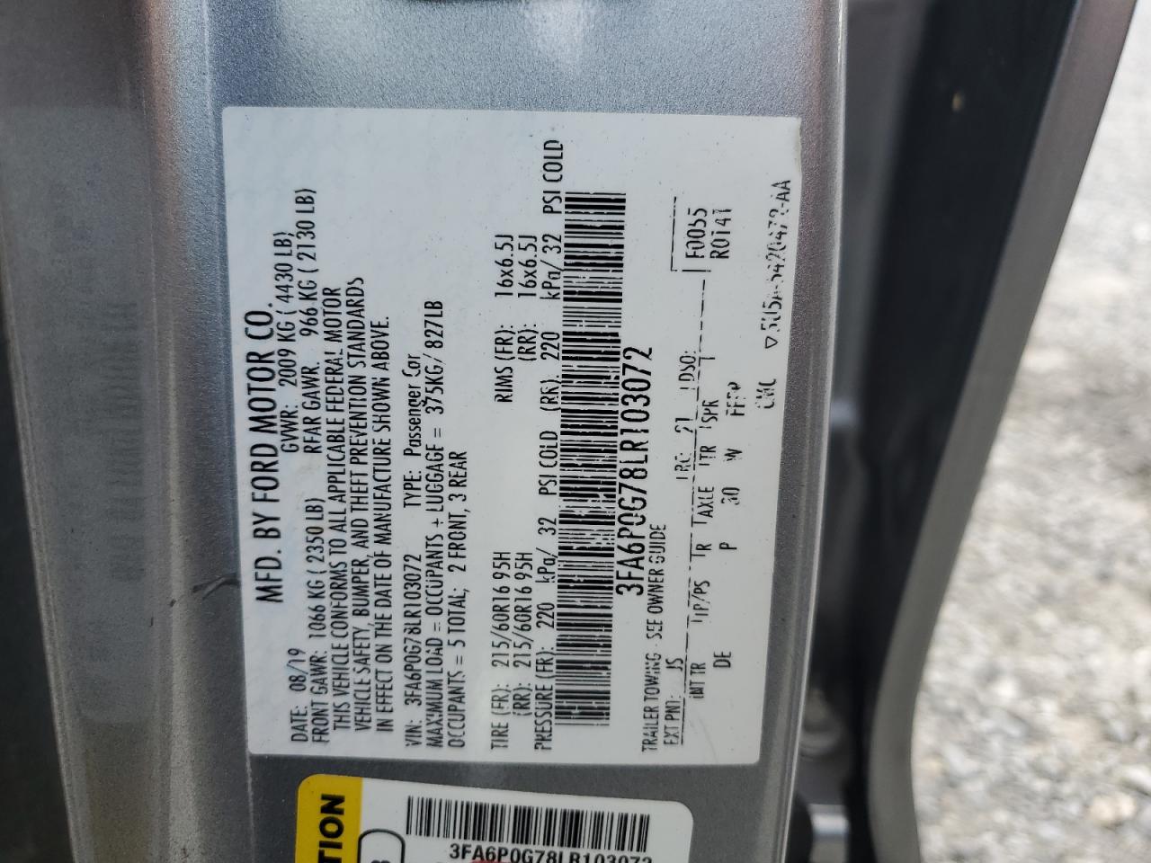 2020 Ford Fusion S VIN: 3FA6P0G78LR103072 Lot: 91299625