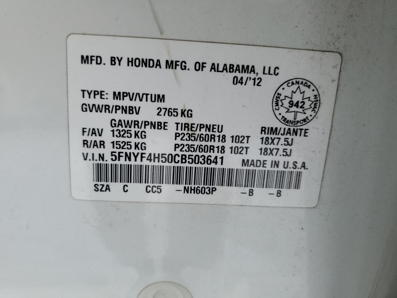 2012 Honda Pilot Exl VIN: 5FNYF4H50CB503641 Lot: 91528335