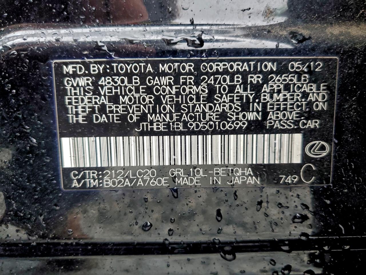 2013 Lexus Gs 350 VIN: JTHBE1BL9D5010699 Lot: 92646025