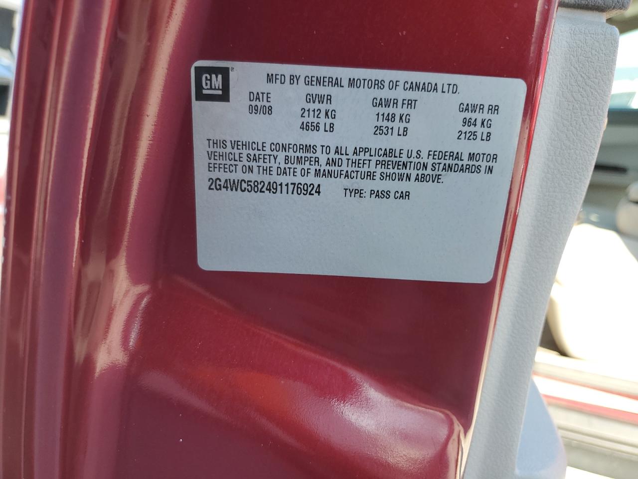 2009 Buick Lacrosse Cx VIN: 2G4WC582491176924 Lot: 93729345